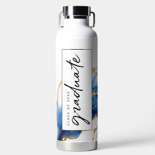 Royal Blue Yellow Gold Elegant Script Graduate  Water Bottle