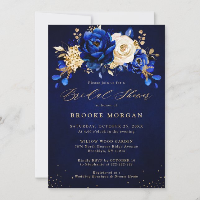 Royal Blue Yellow Gold Floral Bridal Shower Invita Invitation (Front)