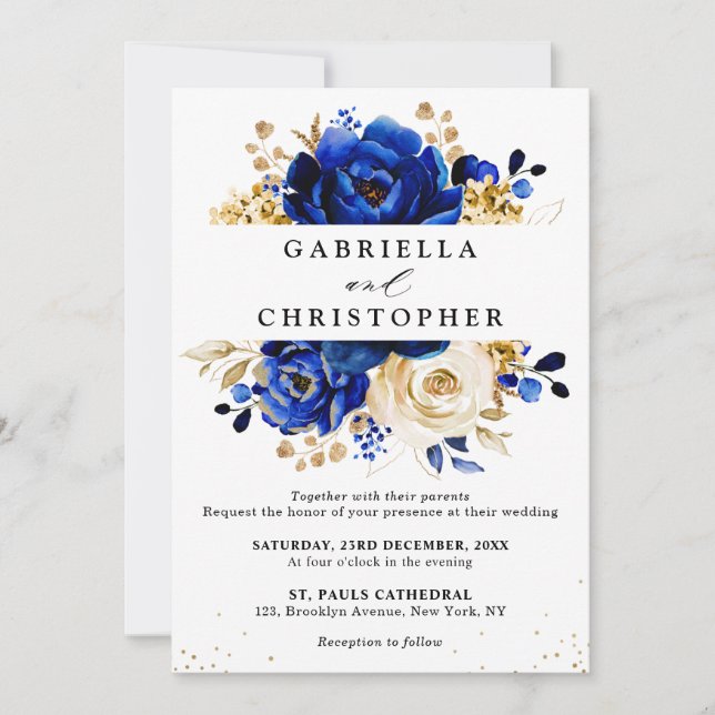 Royal Blue Yellow Gold Floral Bridal Shower Invitation (Front)