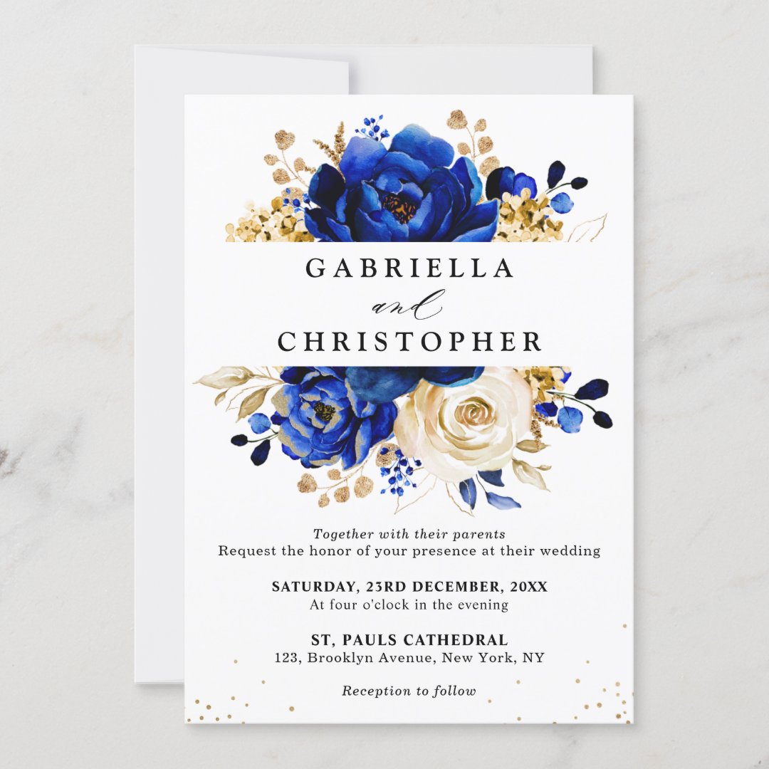 Royal Blue Yellow Gold Floral Bridal Shower Invitation | Zazzle