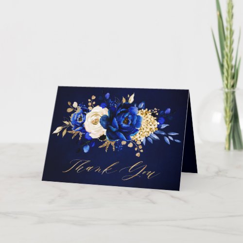 Royal Blue Yellow Gold Floral Bridal Shower Thank  Thank You Card