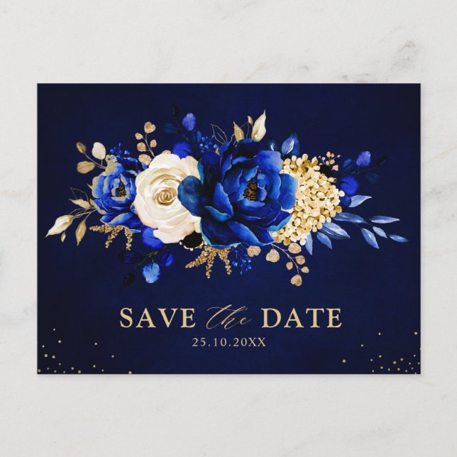 Royal Blue Yellow Gold Floral Save the date Postca Postcard (Front)