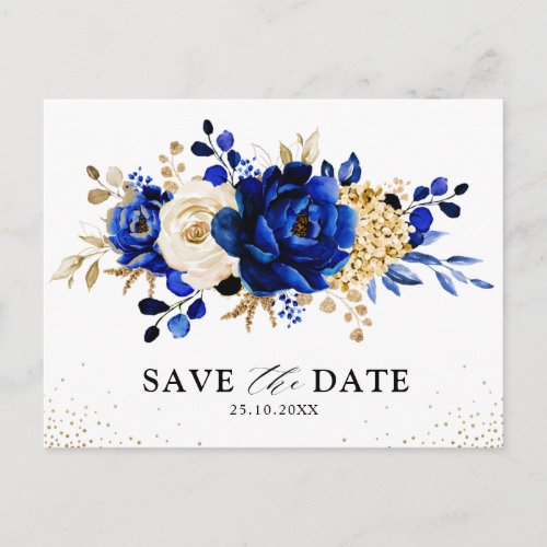 Royal Blue Yellow Gold Floral Save the date Postcard