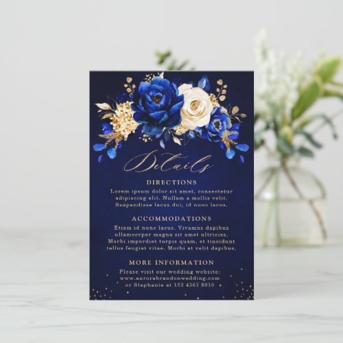 Royal Blue Yellow Gold Floral Wedding Details Encl Enclosure Card
