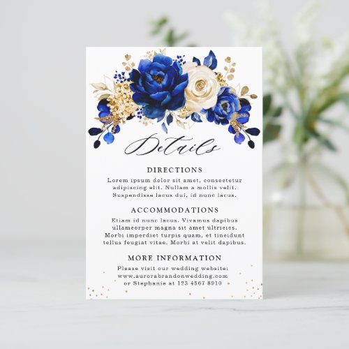 Royal Blue Yellow Gold Floral Wedding Details Enclosure Card