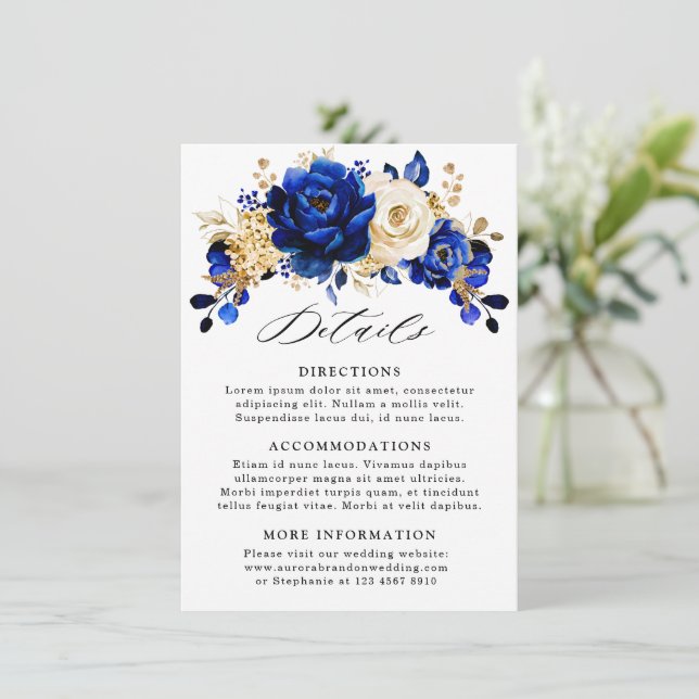 Royal Blue Yellow Gold Floral Wedding Details Enclosure Card (Standing Front)