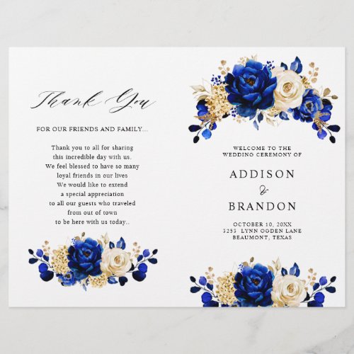 Royal Blue Yellow Gold Floral Wedding Program