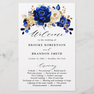 Royal Blue Yellow Gold Floral Wedding Program