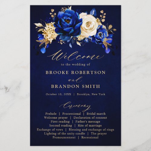 Royal Blue Yellow Gold Floral Wedding Program