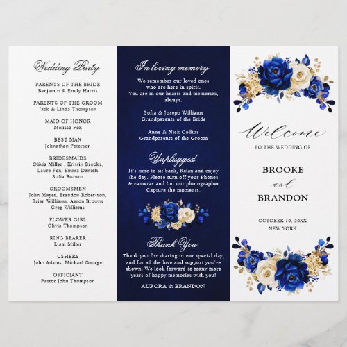 Royal Blue Yellow Gold Floral Wedding Program