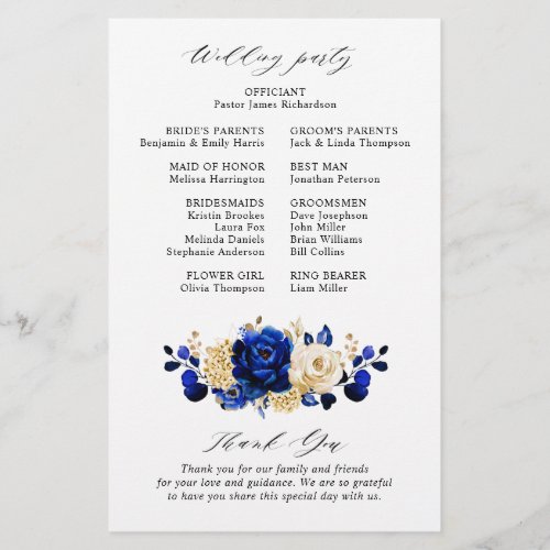 Royal Blue Yellow Gold Floral Wedding Program