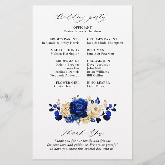 Royal Blue Yellow Gold Floral Wedding Program (Back)