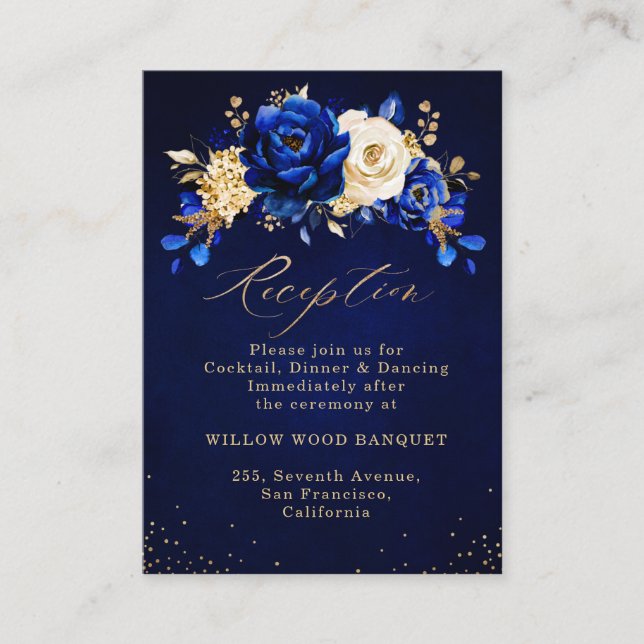 Royal Blue Yellow Gold Floral Wedding Reception En Enclosure Card (Front)