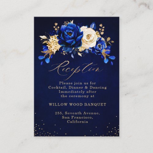 Royal Blue Yellow Gold Floral Wedding Reception En Enclosure Card