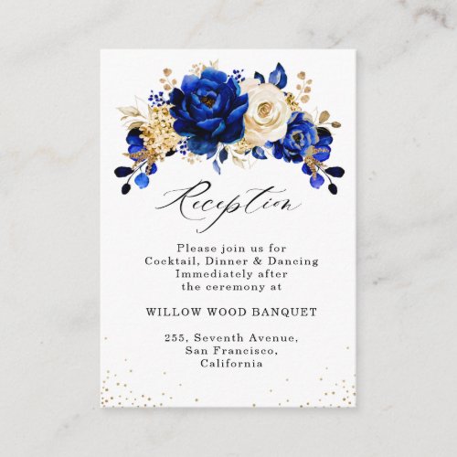 Royal Blue Yellow Gold Floral Wedding Reception Enclosure Card