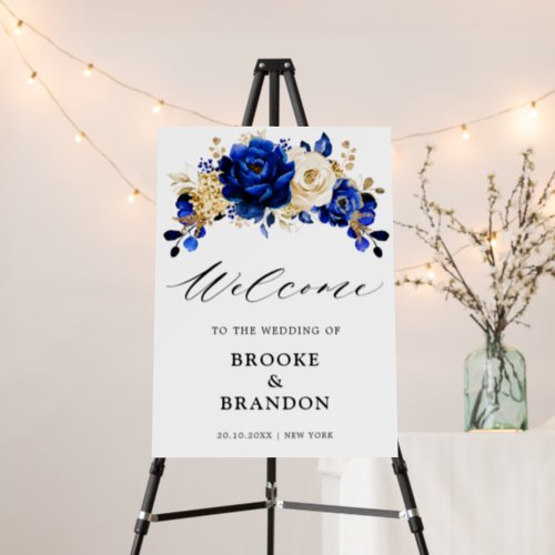 Royal Blue Yellow Gold Floral Wedding  Welcome  Foam Board