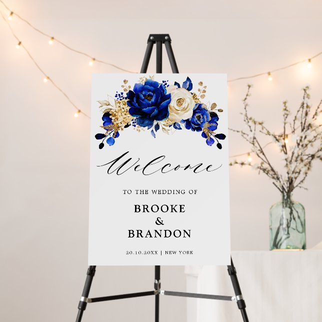 Royal Blue Yellow Gold Floral Wedding  Welcome  Foam Board (In Situ (Stand))