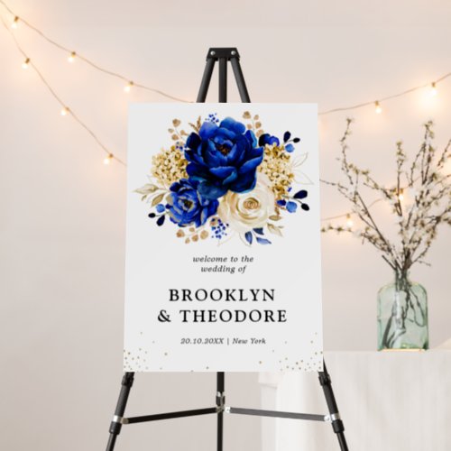 Royal Blue Yellow Gold Floral Wedding Welcome  Foam Board