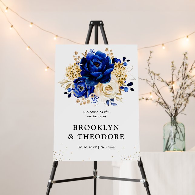Royal Blue Yellow Gold Floral Wedding Welcome  Foam Board (In Situ (Stand))