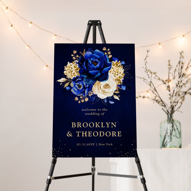 Royal Blue Yellow Gold Floral Wedding Welcome  Foam Board (In Situ (Stand))
