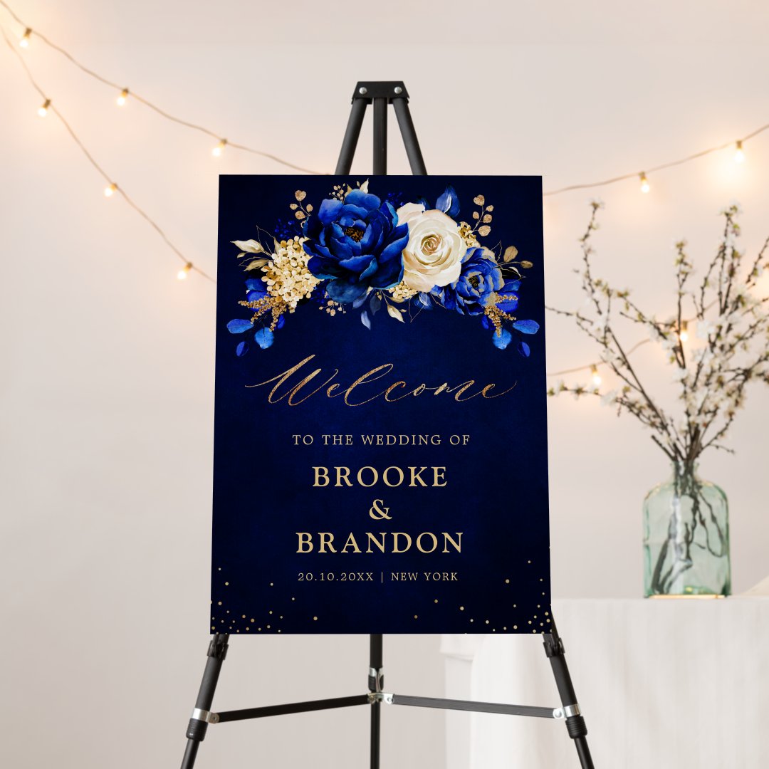 Royal Blue Yellow Gold Floral wedding Welcome Foam Board | Zazzle