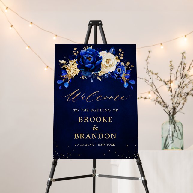 Royal Blue Yellow Gold Floral wedding Welcome Foam Board (In Situ (Stand))