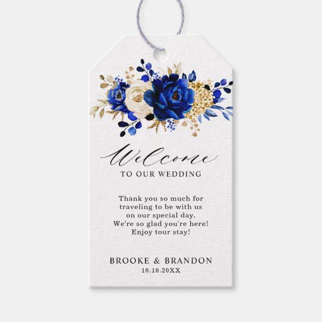 Royal Blue Yellow Gold Floral Wedding Welcome Gift Tags | Zazzle