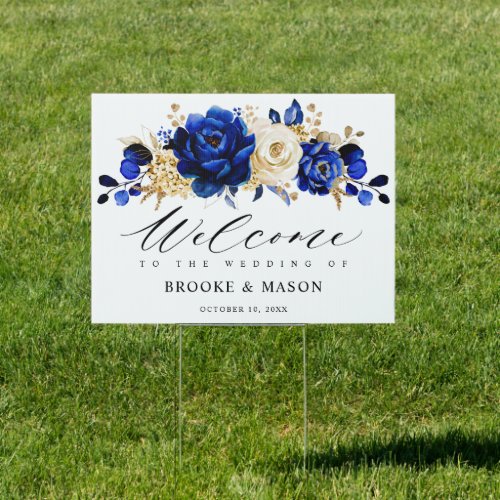 Royal Blue Yellow Gold Floral Wedding Welcome Sign