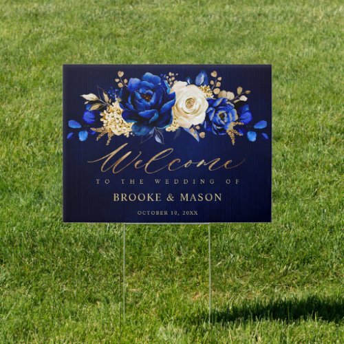 Royal Blue Yellow Gold Floral Wedding Welcome Sign