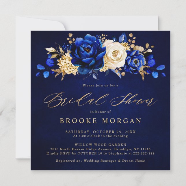 Royal Blue Yellow Gold Metallic Bridal Shower Invi Invitation (Front)