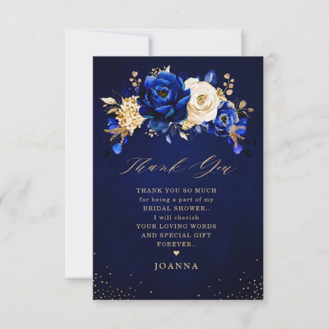 Royal Blue Yellow Gold Metallic Bridal Shower Than Thank You Card (Front)