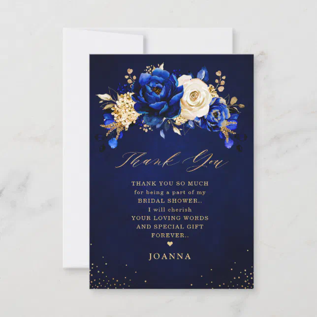 Royal Blue Yellow Gold Metallic Bridal Shower Than Thank You Card | Zazzle