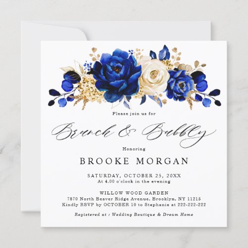Royal Blue Yellow Gold Metallic Brunch and Bubbly Invitation