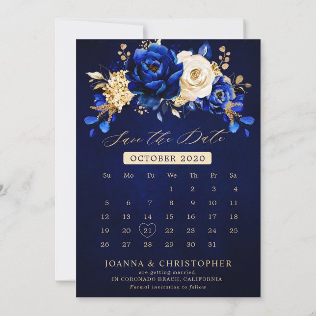 Royal Blue Yellow Gold Metallic Floral calendar Sa Save The Date (Front)