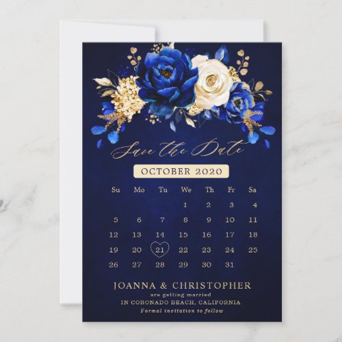 Royal Blue Yellow Gold Metallic Floral calendar Sa Save The Date