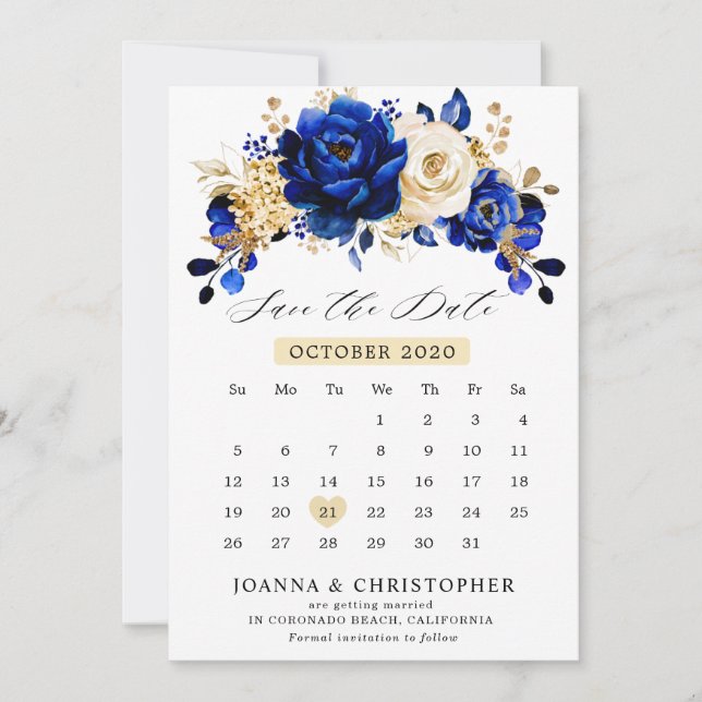 Royal Blue Yellow Gold Metallic Floral calendar Save The Date (Front)