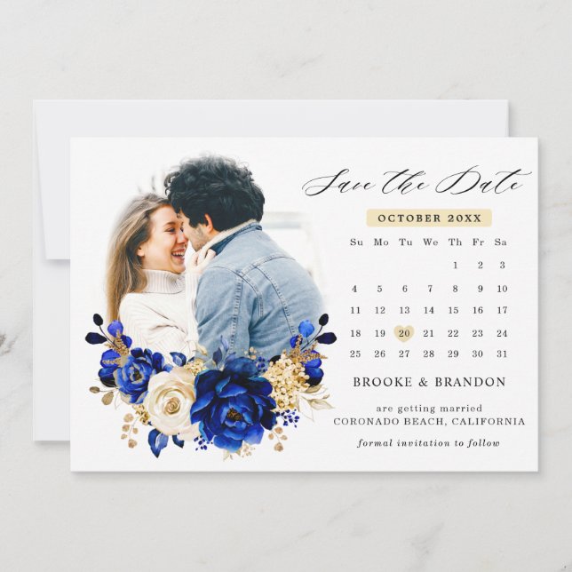 Royal Blue Yellow Gold Metallic Floral Calendar Save The Date (Front)