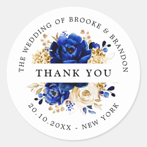 Royal Blue Yellow Gold Metallic Floral Thank you Classic Round Sticker