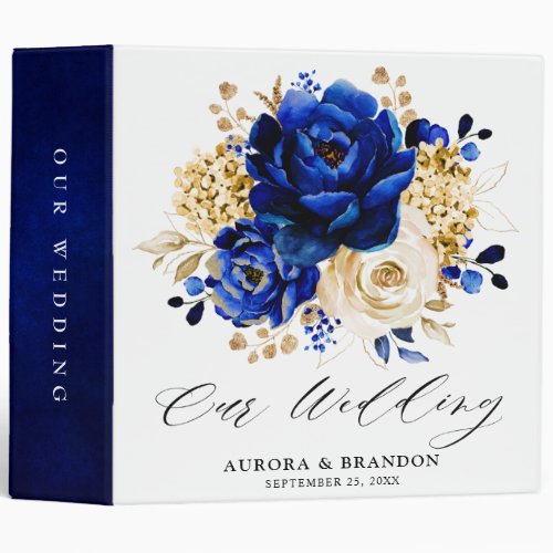 Royal Blue Yellow Gold Metallic Floral Wedding 3 Ring Binder