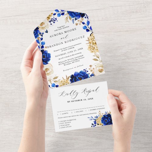 Royal Blue Yellow Gold Metallic Floral Wedding All In One Invitation
