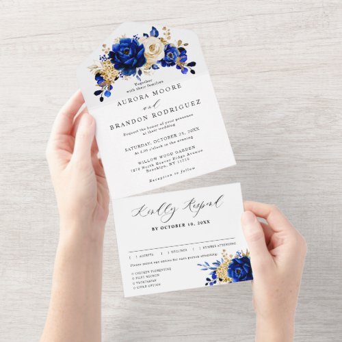 Royal Blue Yellow Gold Metallic Floral Wedding All In One Invitation