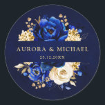 Royal Blue Yellow Gold Metallic Floral Wedding Cla Classic Round Sticker<br><div class="desc">Elegant royal blue gold theme wedding round sticker featuring elegant bouquet of royal blue,  Navy,  gold,  yellow  color rose flowers buds and eucalyptus leaves. Please contact me for any help in customization or if you need any other product with this design.</div>