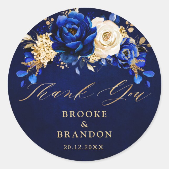 Royal Blue Yellow Gold Metallic Floral Wedding Cla Classic Round Sticker (Front)