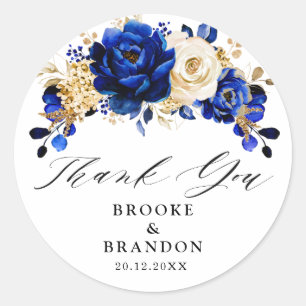 Royal Blue Yellow Gold Metallic Floral Wedding Classic Round Sticker