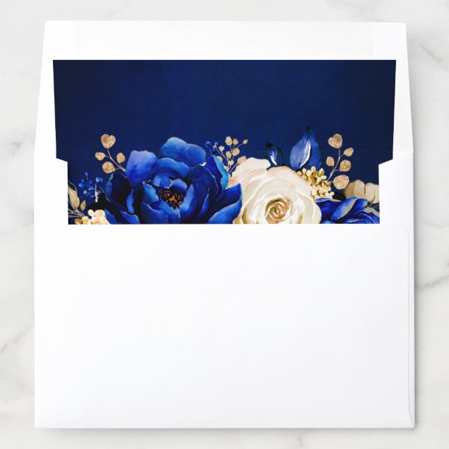 Royal Blue Yellow Gold Metallic Floral Wedding Envelope Liner (In Envelope)