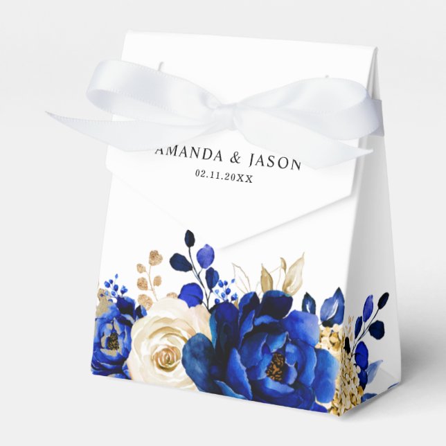 Royal Blue Yellow Gold Metallic Floral Wedding Favor Boxes (Front Side)