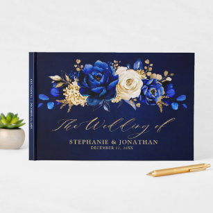 Royal Blue Yellow Gold Metallic Floral Wedding Gue Guest Book