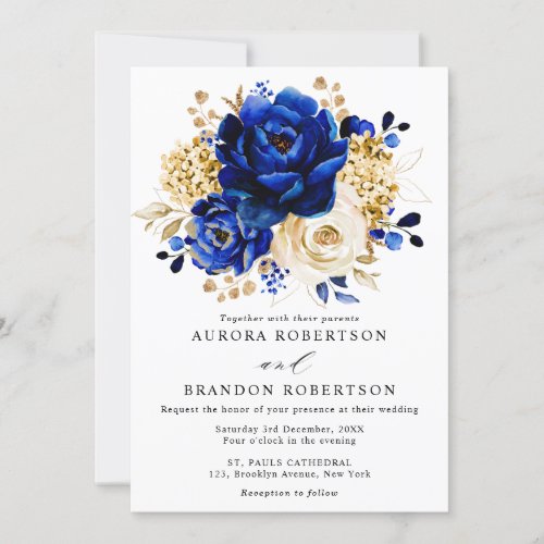 Royal Blue Yellow Gold Metallic Floral Wedding Invitation