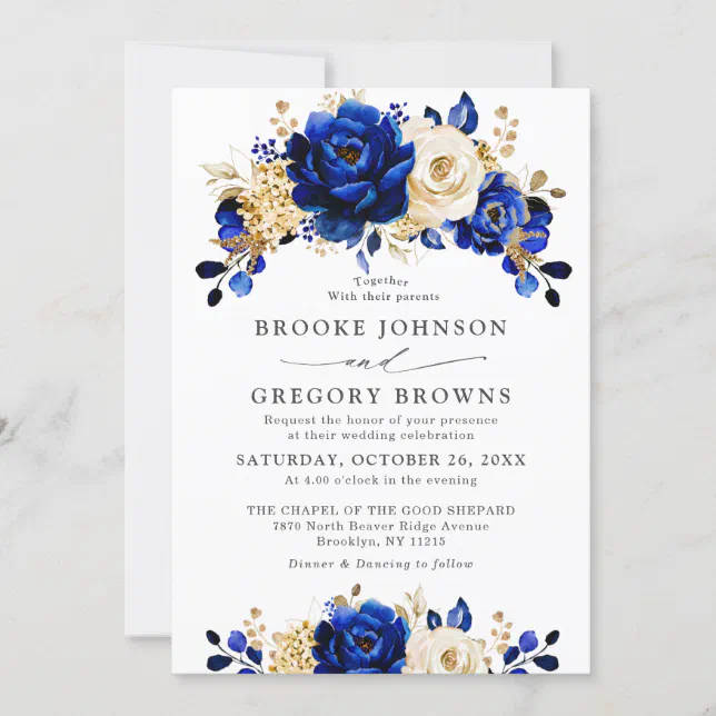 Royal Blue Yellow Gold Metallic Floral Wedding Invitation 