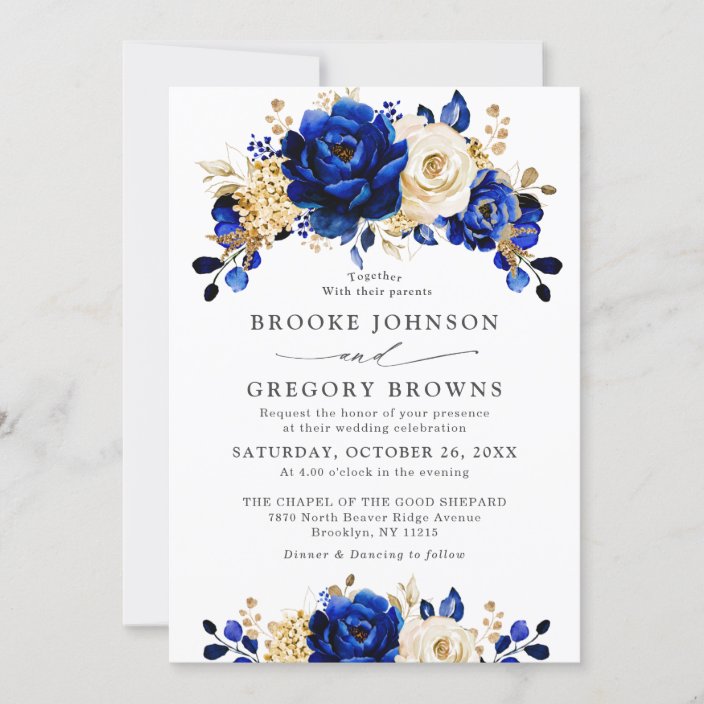 Royal Blue Yellow Gold Metallic Floral Wedding Invitation | Zazzle.com